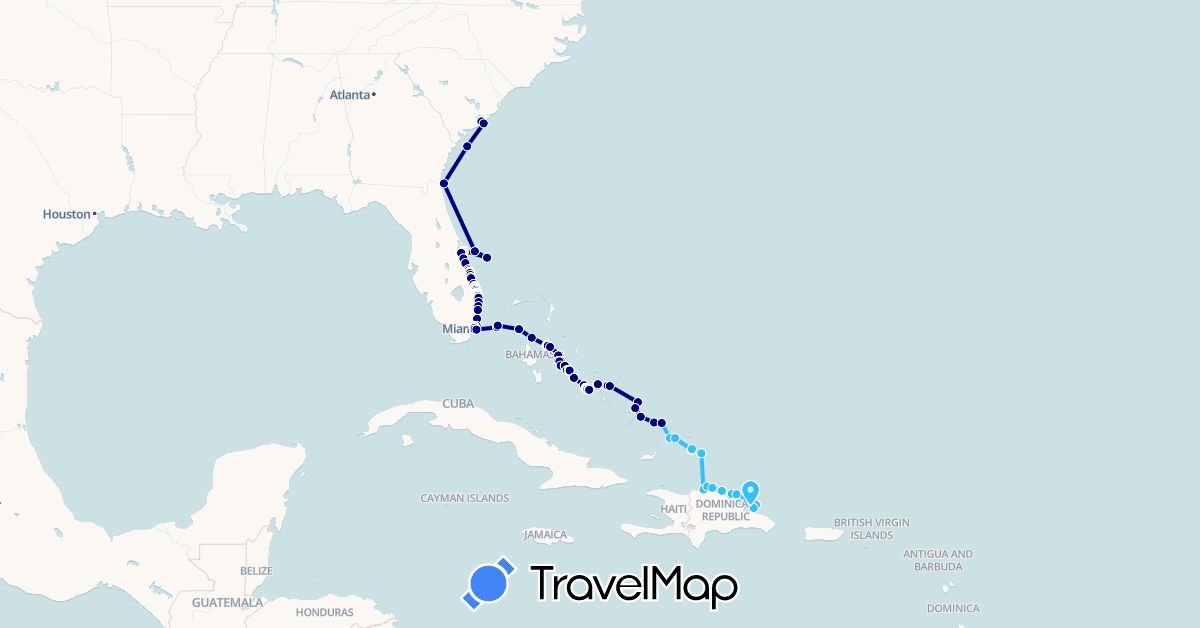 TravelMap itinerary: driving, boat in Bahamas, Dominican Republic, Turks and Caicos Islands, United States (North America)
